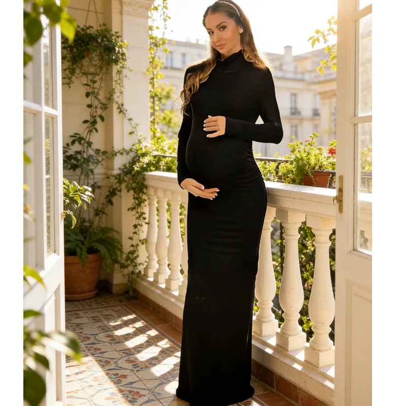 

Maternity Dress | Turtleneck Long Sleeve Stretchy Slim Fit, Soft Skin-Friendly Fabric, Comfortable Wear, Daily Wear Maxi Dress