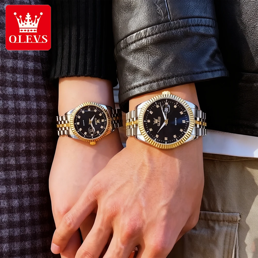 Olevs luxo casal relógios marca superior de aço fino original quartzo relógio pulso para amante à prova dwaterproof água luminosa data moda novo 5520