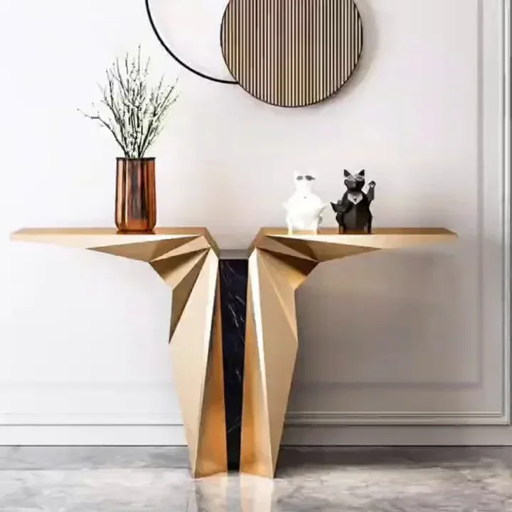 

Italian luxury metal porch table special-shaped art stainless steel wall entrance corridor living room porch table