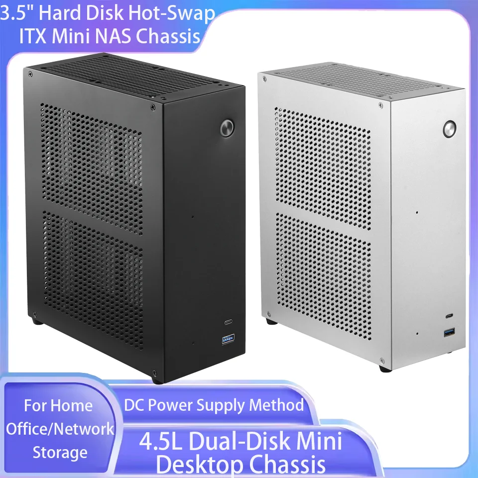 

4.5L Dual-Disk Mini Desktop Chassis 3.5" Hard Disk Hot-Swap ITX Mini NAS Chassis DC Power Supply Method For Home Office/Network