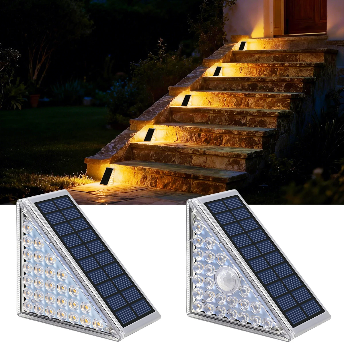 ソーラーステップライト-28-24led-屋外階段ライト-2段階明るさ-ハイ-ロー-モード-自動点灯-消灯-ip65-防水-デッキ-フェンス-パティオ用