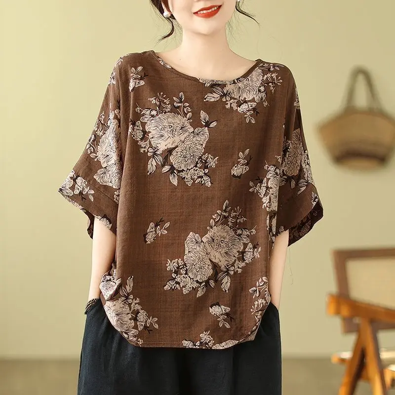 Women's Brown Cotton Linen Floral Print T-Shirts Loose Batwing Sleeve Top Casual Short-Sleeve Pullover