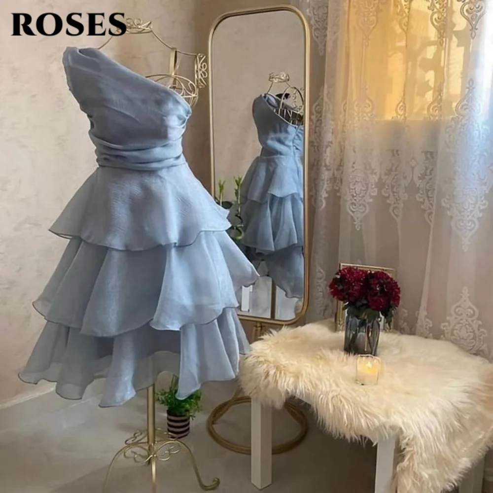 ROSES Dusty Blue Elegant Evening Dress One Shoulder Layered Chiffon Short Party Dress Backless Sleeveless Formal Gown Customized