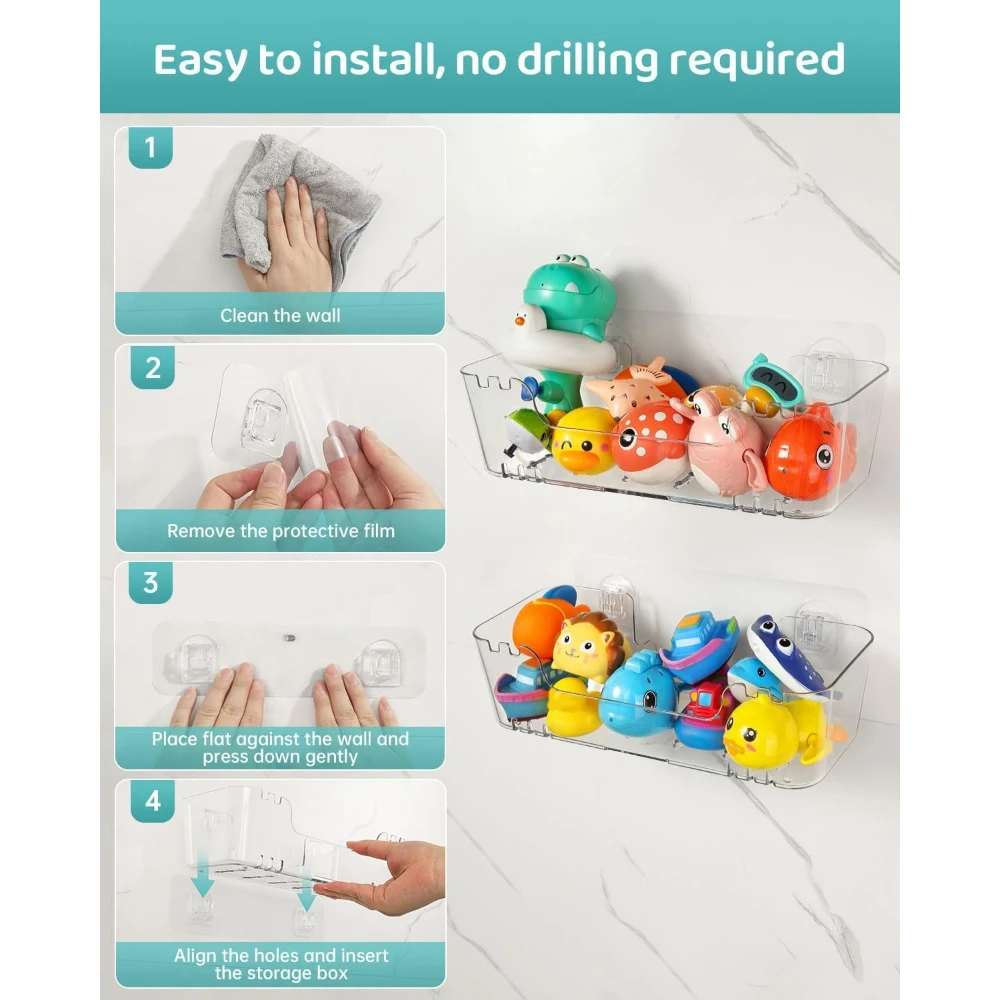 2 Stück Dicke Transparente Badespielzeug-Aufbewahrungskörbe mit Abflusslöchern, Schnell Trocknender Plastik-Organizer, Einfach zu Installierender & zu Reinigender Duschablagekorb als Geschenk – Detail 6