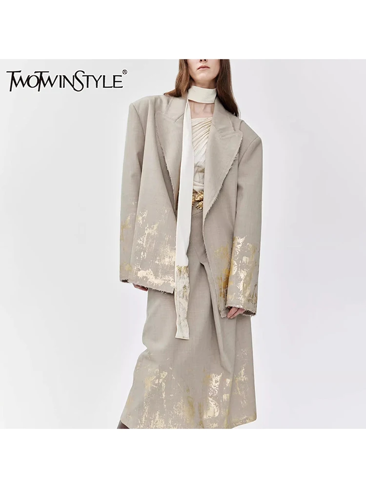 TWOTWINSTYLE Hit Color Printing Dwuczęściowy zestaw dla kobiet Notched Collar Long Sleeve Blazer High Waist A Line Skirt Set Female