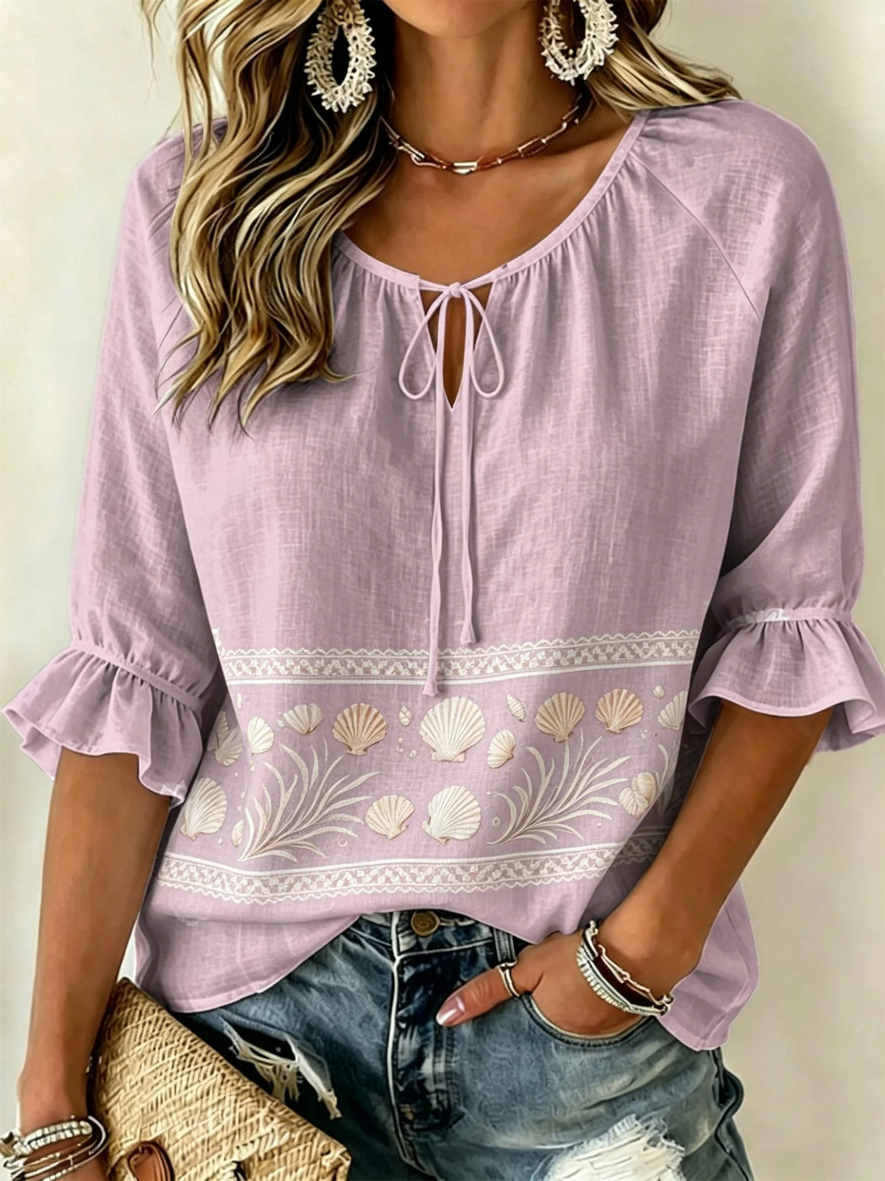 Women's Tie Split Neck Blouse, Light Purple White Seashell Border Print, Loose Fit for Spring Summer Daily Casual Outfits