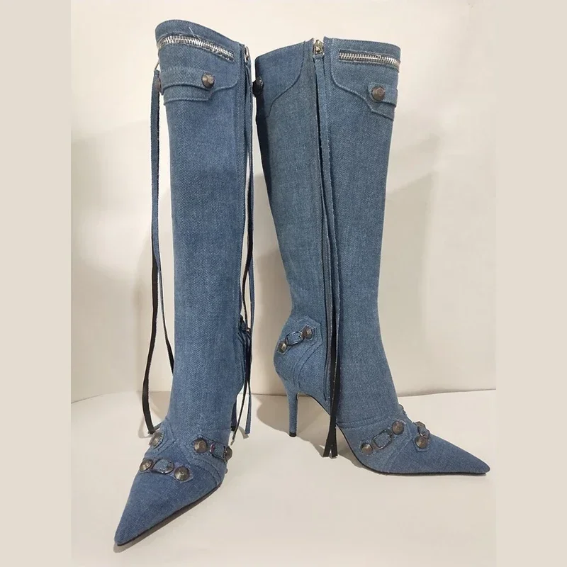 New 2026 Design Knee High Boots Fashion Rivet Pointed Thin Heel Women's Boots Size 34-43 Fashion Hot Girls Denim Model Boots view 3