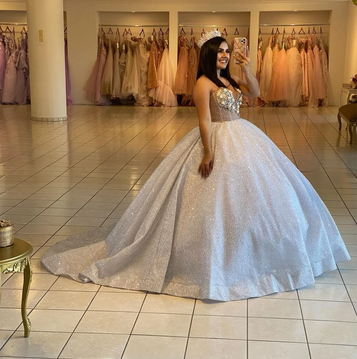 فساتين سباركل برينسيس Quinceanera ، ثوب حفلة ، ترتر على شكل قلب ، فساتين حلوة 16 ، 15 سنة