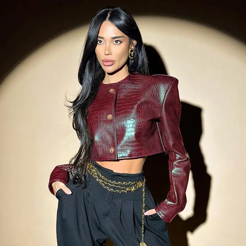 Women's Burgundy Crocodile Embossed Crop Jacket Round Neck Long Sleeve Faux Leather Blazer Vintage Y2K Streetwear Casual Outfit