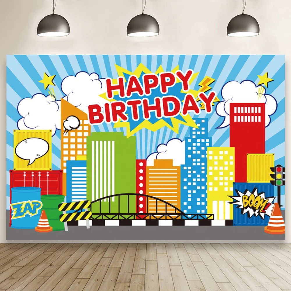 Toile de fond de fête d'anniversaire Smile Hero pour la photographie, décor de chambre d'enfants, fond de photocall de portrait, bâtiment de ville comique, dessin animé de bébé