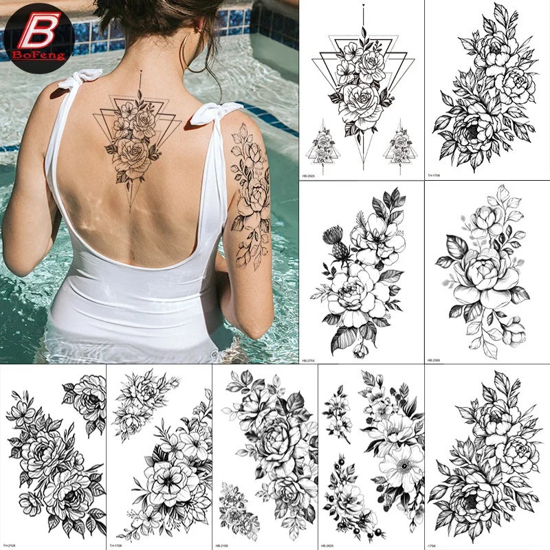 

Realistic Peony Flower Arm Tattoo Sticker Waterproof Half Arm Black and White Floral Bloosom Body Art Leg Fake Tattoos Women New