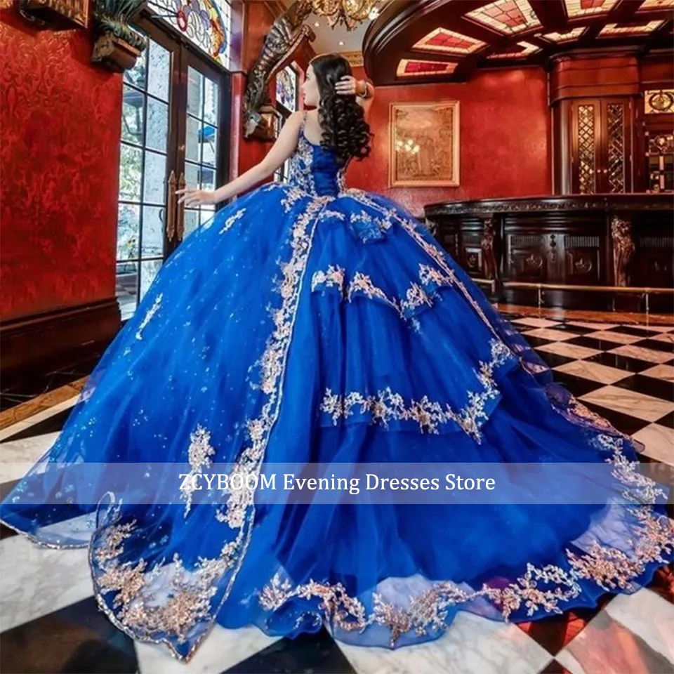 Customized Newest Royal Blue Gold Lace Appliques Spaghetti Straps Quinceanera Dress 2024 Princess Ball Gown Dress With Cape