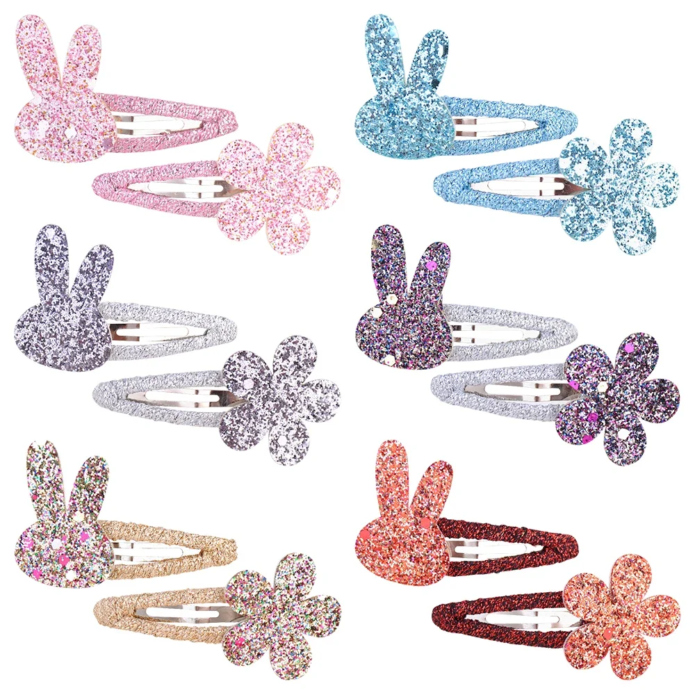 2Pcs/Set Sweet BB Glitter Hairpins for Baby Girls Rabbit Flower Hair Clips Barrettes Headwear Fashion Kids Hair Accessories