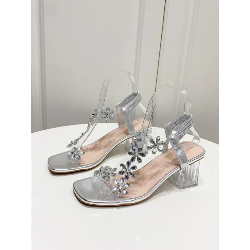 Summer Women Sandals Pvc Crystal Flower Decoration Chunky Heel Peep Toe Back Strap Elastic Band Elegant Fashion Shoes Ladies