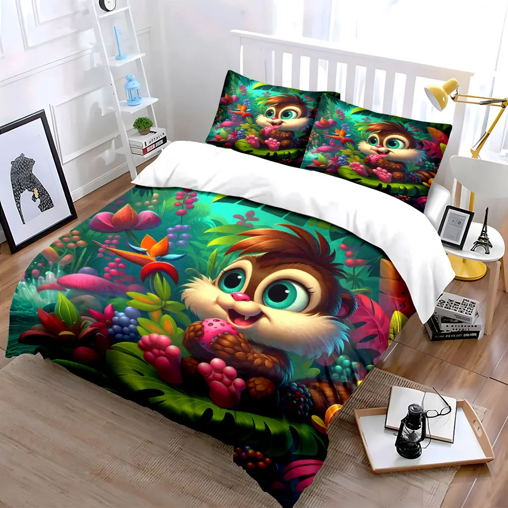 Cartoon squirrel in tropical jungle Print Bedding Set 1 Duvet Cover 2 Pillowcases for Adult and Children Luxury Gift Full Size