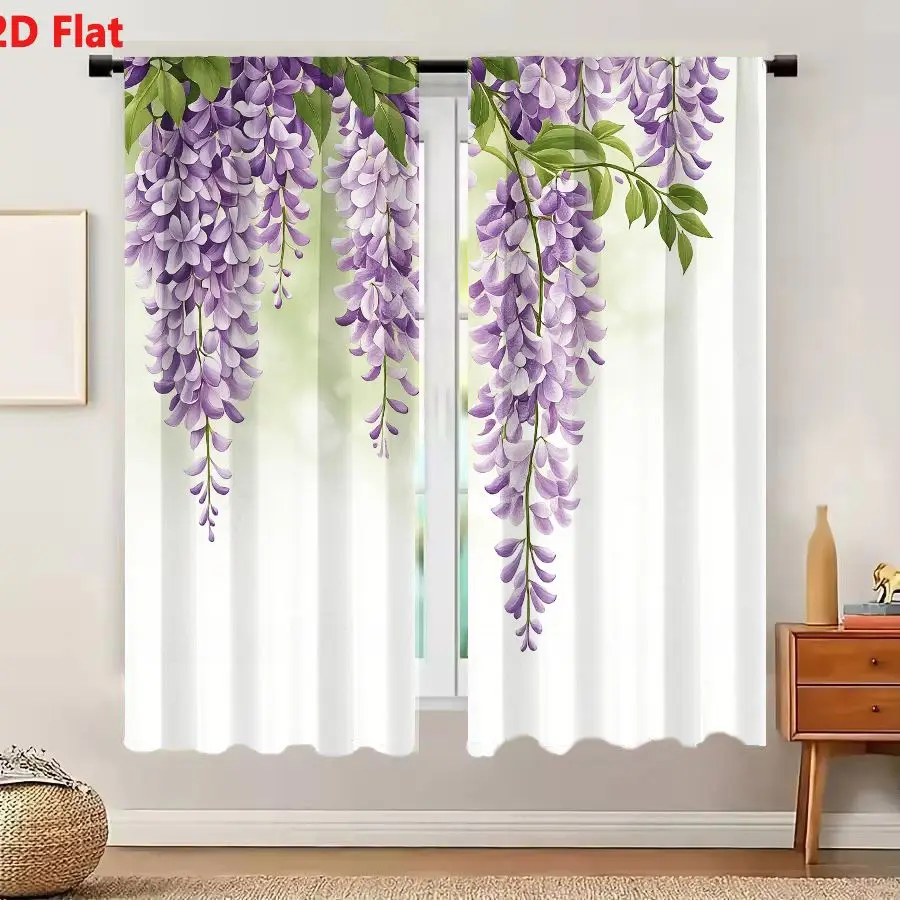2Pcs Curtains 2D Flat Wisteria Flowers Botanical Illustration With Purple Blossoms And Green Leaves Window Drapes for Bedroom Ro