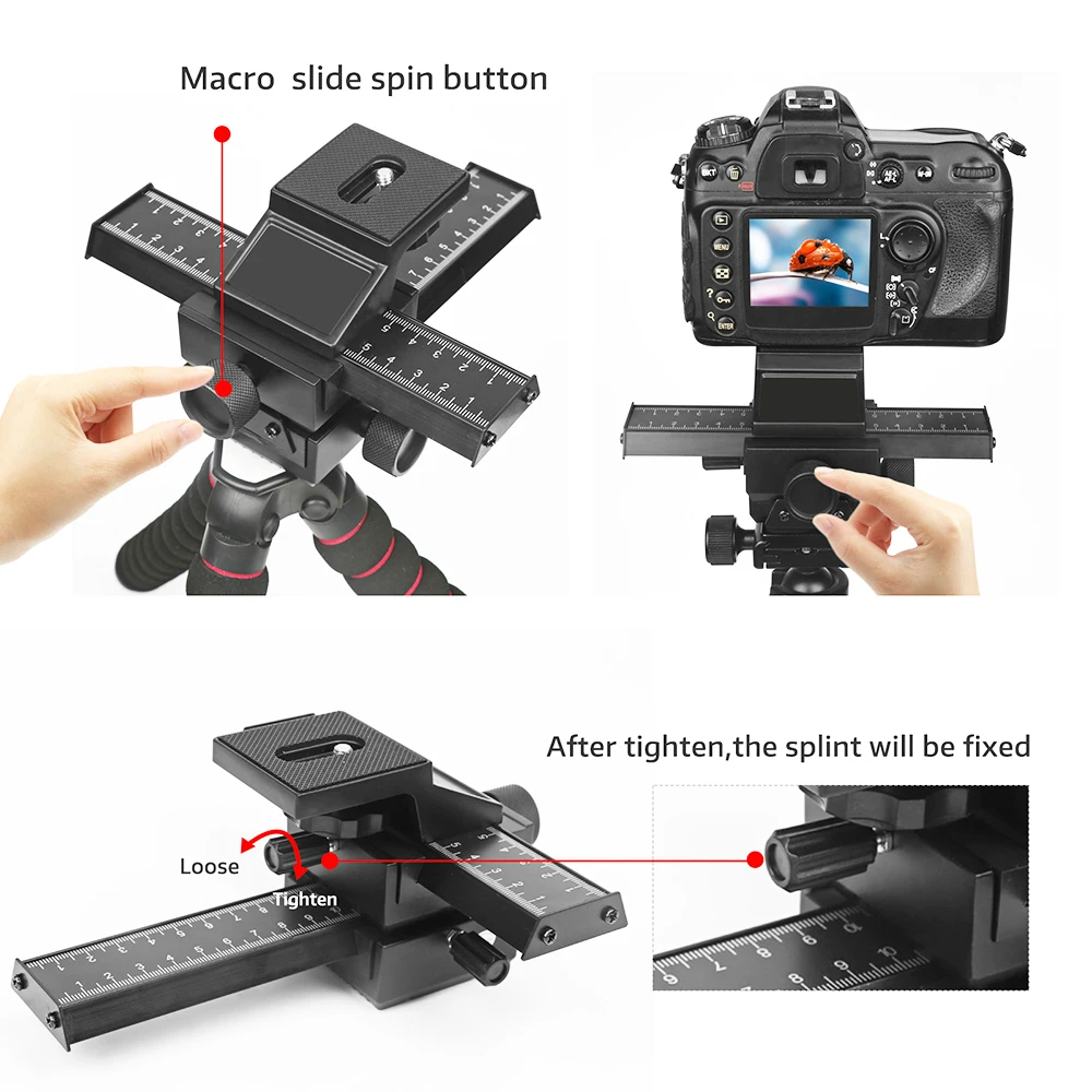 RYH 4 Way Macro Focusing Rail Slider for Canon Sony Nikon Pentax Close-Up Shooting Tripod Head with 1/4 Screw for DSLR Camera