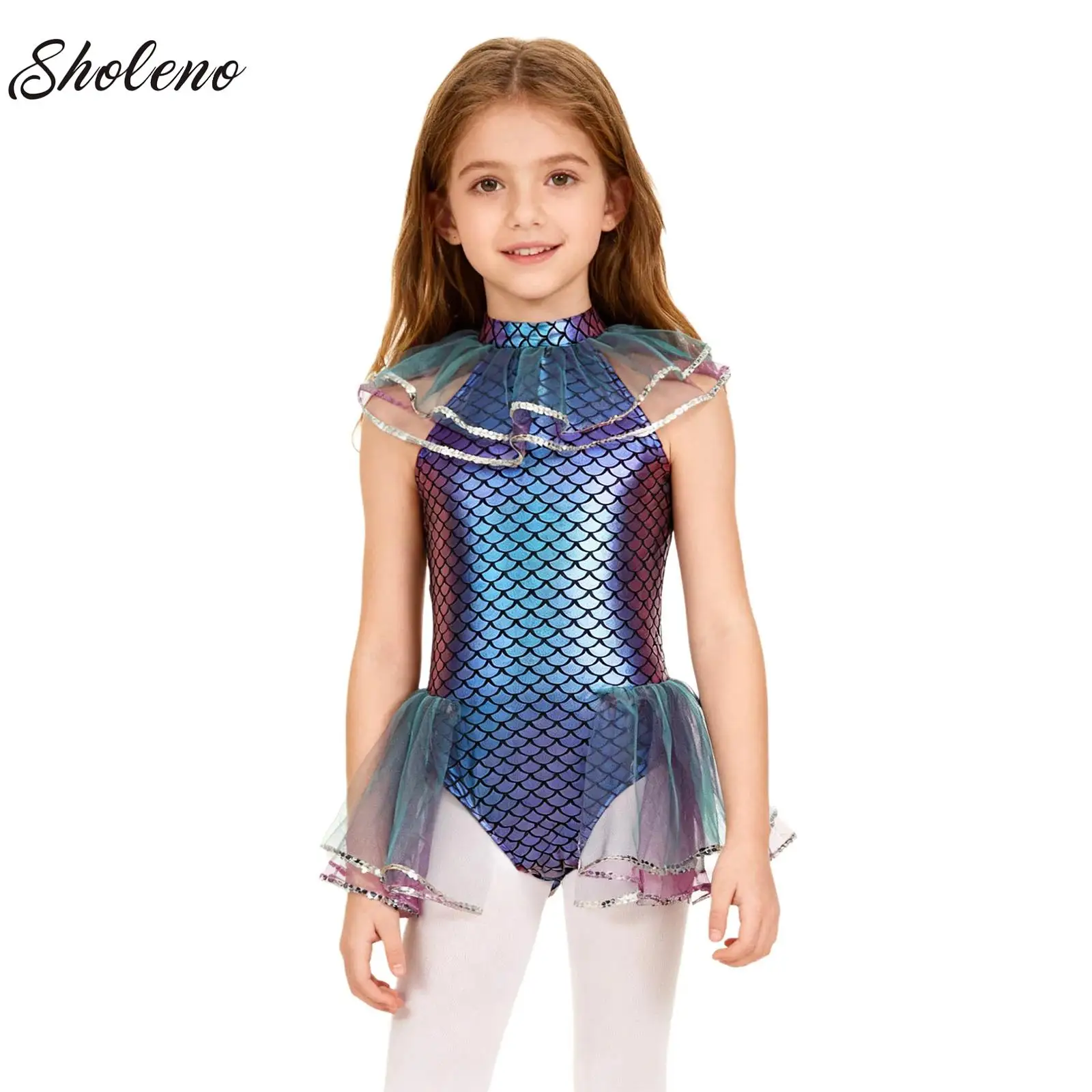 

Children Girls Shiny Fish Scale Sequin Ballet Dance Leotard Mesh Skirted Bodysuit Halloween Christmas Mermaid Cosplay Costume