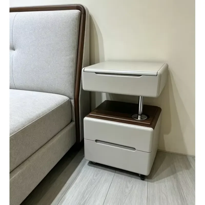 Multi functional bedside table with roller adjustable double drawer flip cover light storage bedside table