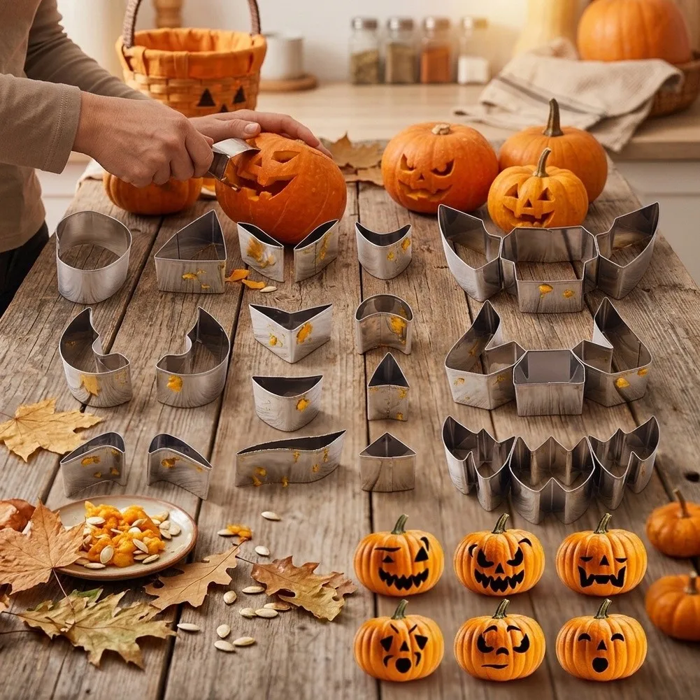 24PCS Stainless Steel Halloween Pumpkin Carving Kit Tools With 22 Stencils Scoop Hammer For Family Party Decoration Hand Tool