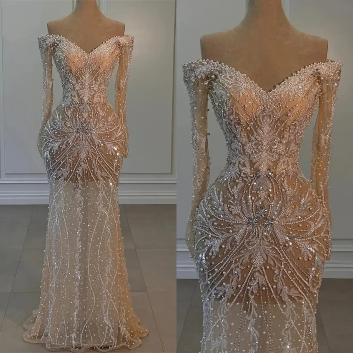 

Luxury Pearls Wedding Dress Elegant Long Sleeve Sequined Lace Mermaid Bridal Gown Off The Shoulder Bead Bride Dresses Customized