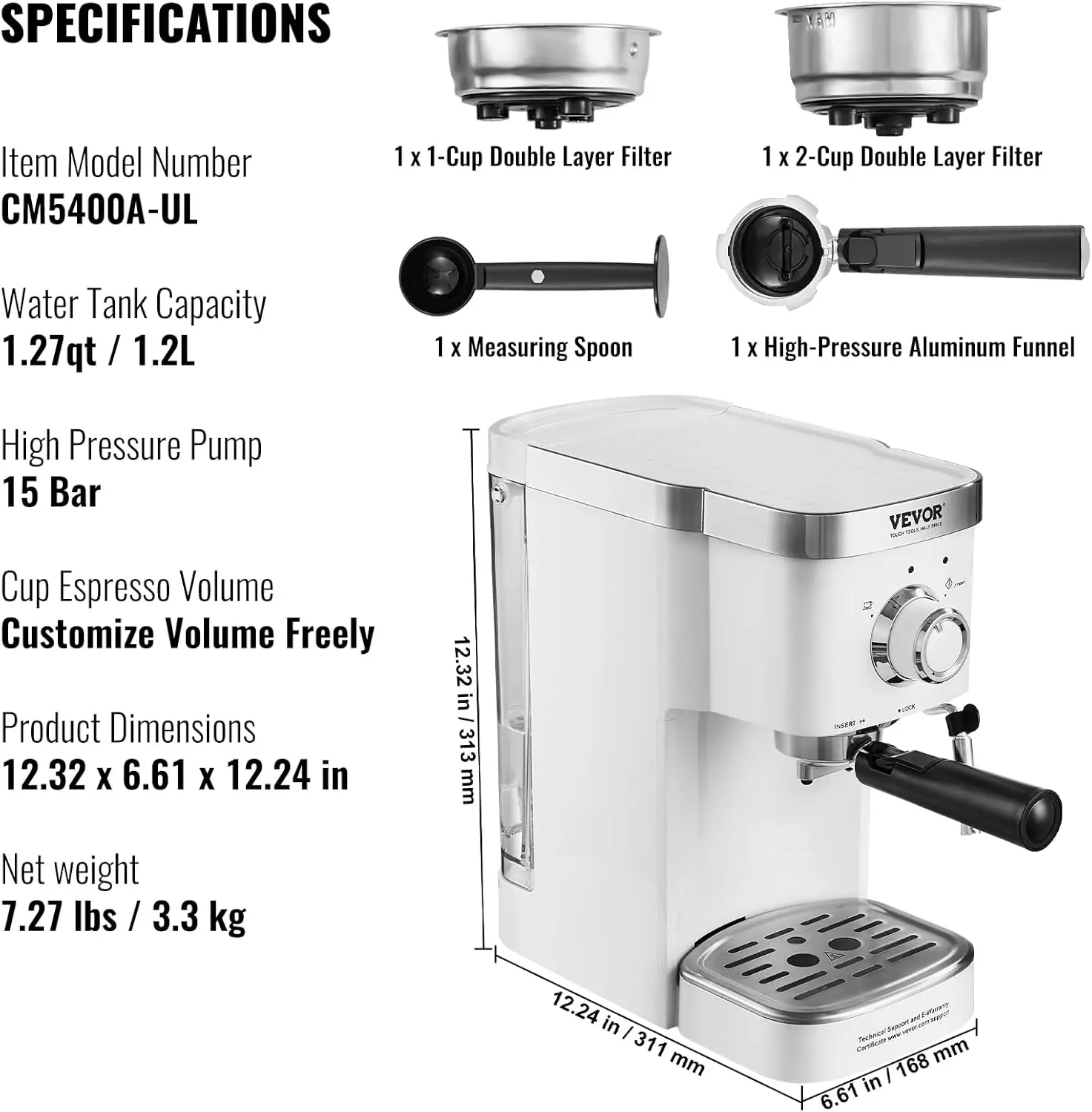 15Bar Semi-Automatic Espresso Maker with Milk Frother Steam Wand, Professional Cappuccino Latte Machine