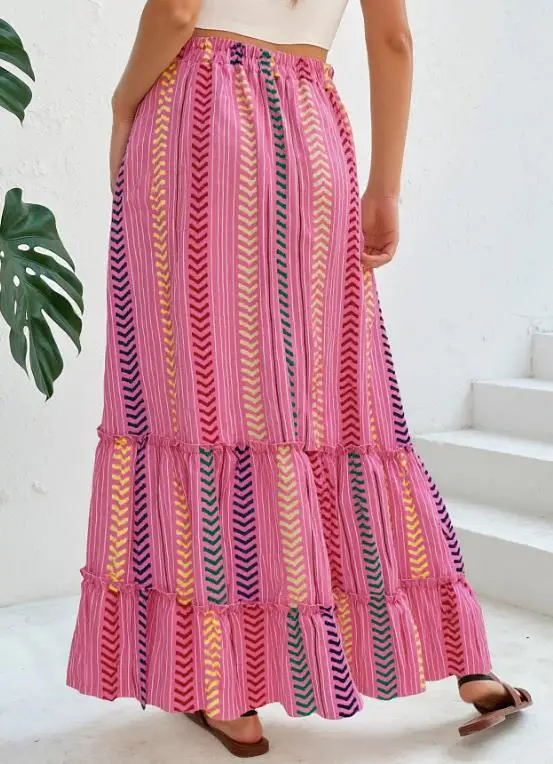 

Новая летняя женская юбка макси в богемном стиле с контрастным принтом, завышенной талией и завязками, струящаяся повседневная юбка