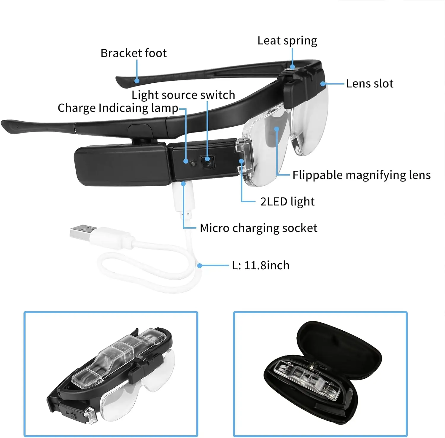 LED Head Mount Professional Magnifing Glasses with Lights 3 Detachable Lenses Rechargeable Hands Free Reading Headband Magnifier