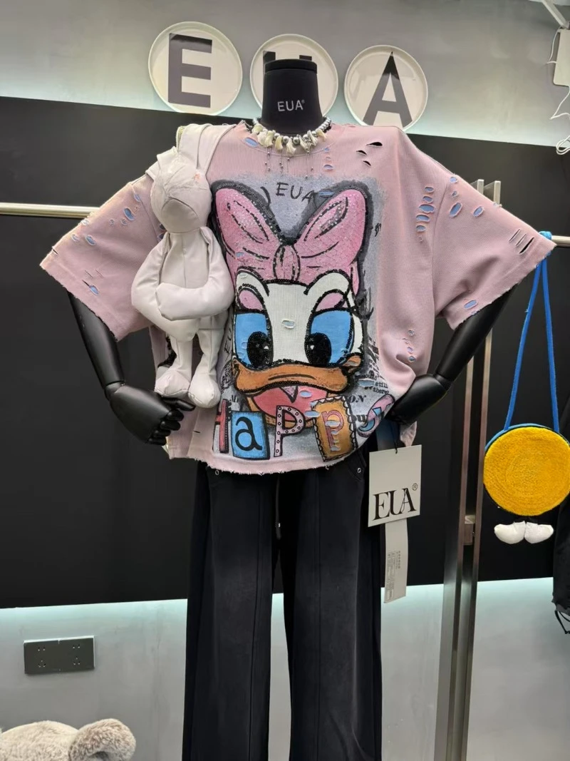 Spring 2025 New Light Blue Tshirts Loose Heavy Industry Nostalgic Short Sleeves T-Shirt Top Women's Casual Y2k Tees Pullovers