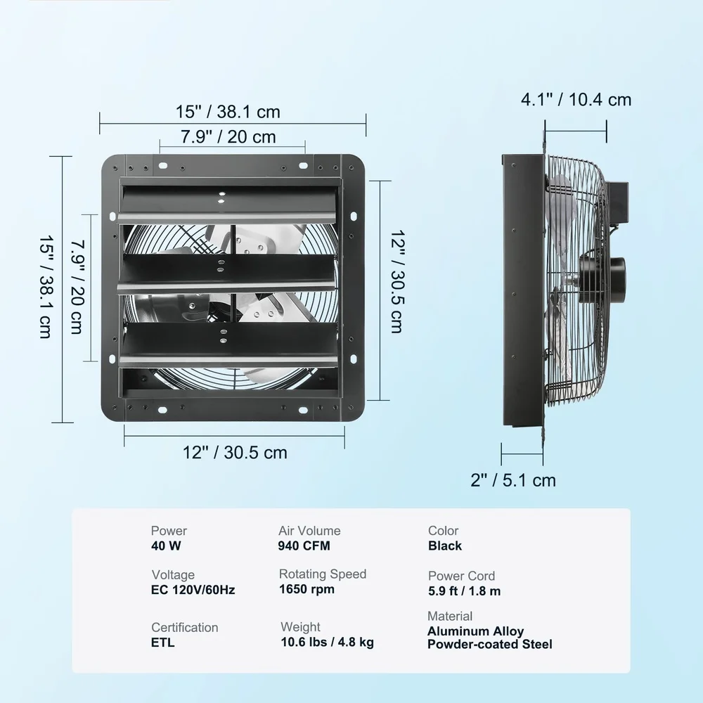 12 Inch Exhaust Shutter Fan with Temperature Humidity Controller EC Motor 940 CFM 10 Speed Wall Mount Ventilation Solution