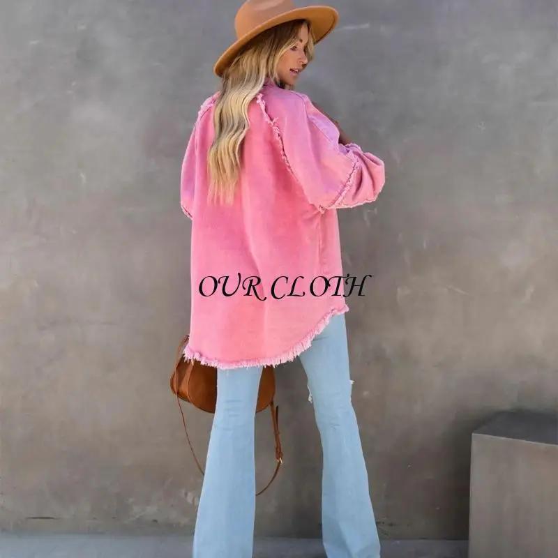 Womens Frayed Hem Button Down Denims Casual Loose Long Sleeve Distressed Jean Coat Autumn Spring Outwear Y1AC