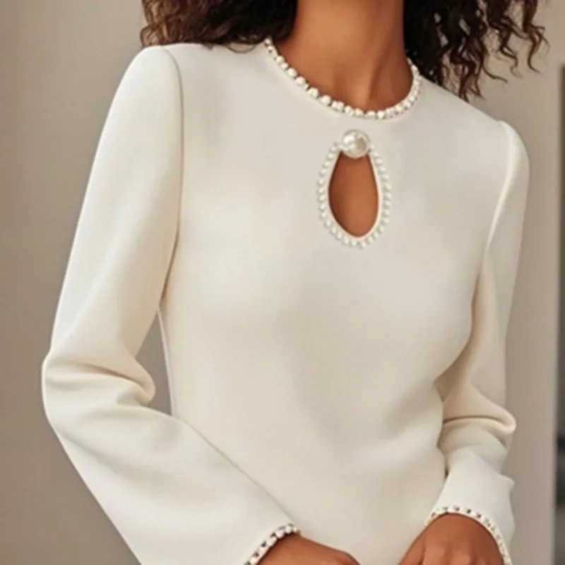 Franse lente elegante kralen O-hals feestjurken vrouw sexy holle slanke a-lijn mini-jurk herfst lange mouw kantoor dame jurk