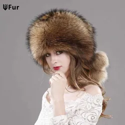 Russian Style Women Real Natural Fox Fur Cap With Fox Tail Fashion Lady Winter Thicken Warm Soft Fox Fur Bomber Hat Beanie Hat