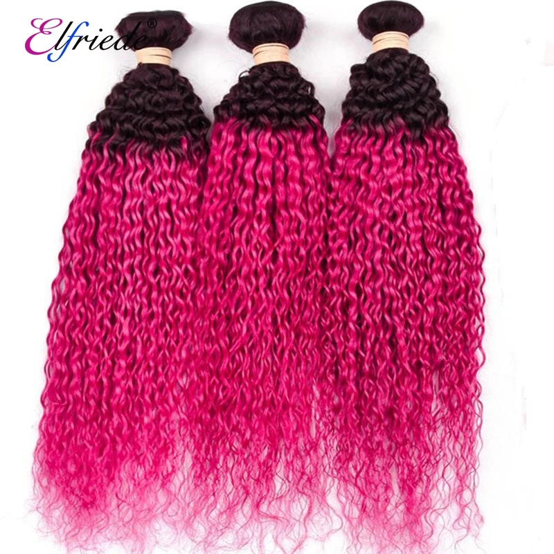 Elfriede T1B/Rose Red Kinky Curly Ombre Colored Human Hair Bundles 100% Human Hair Extensions 3/4 Bundles Deals Human Hair Weave