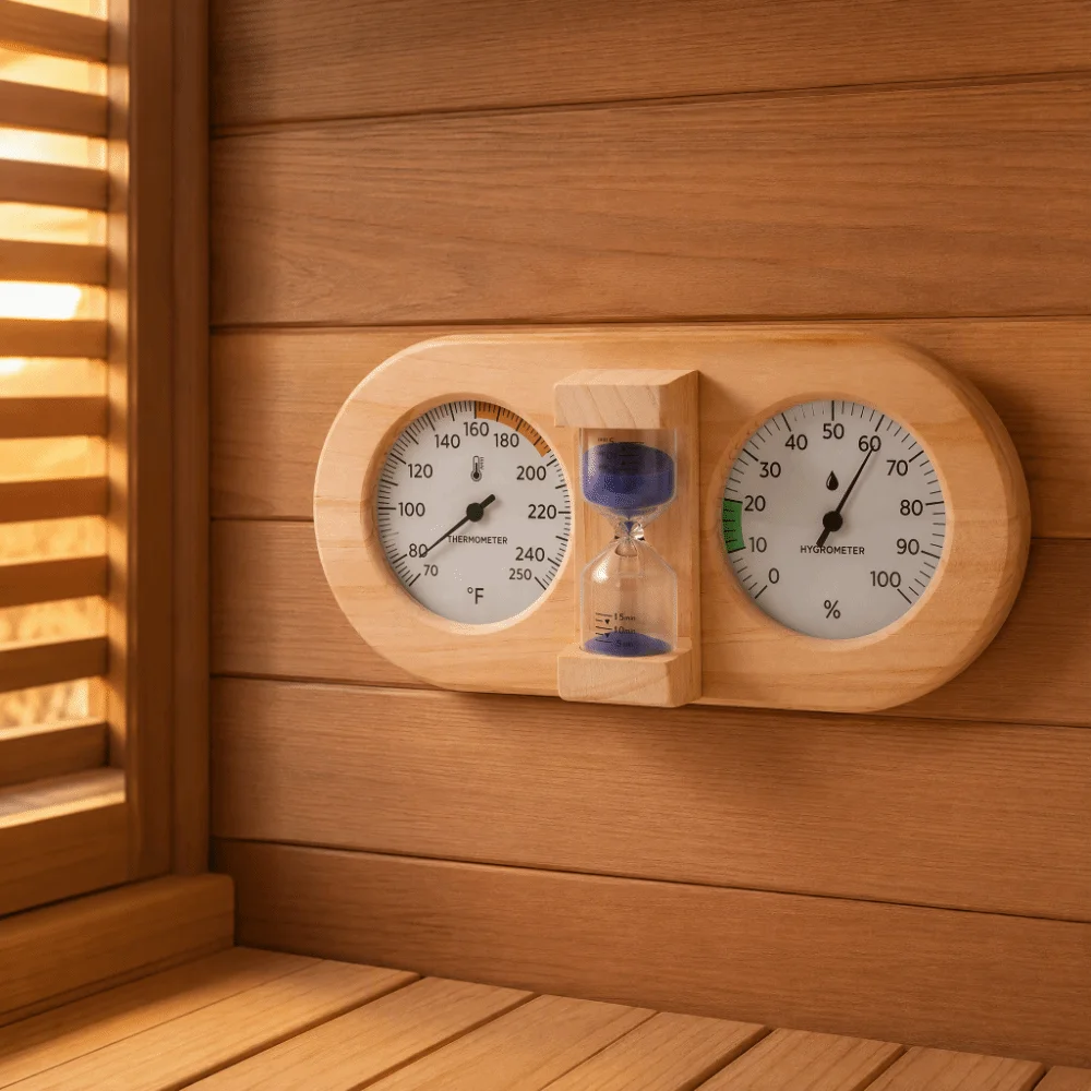 Sauna Accessories 3-in-1 Sauna Thermometer 15-Min Timer Pine Sauna Hygrometer Analog Display Analog Gauge Home Spa