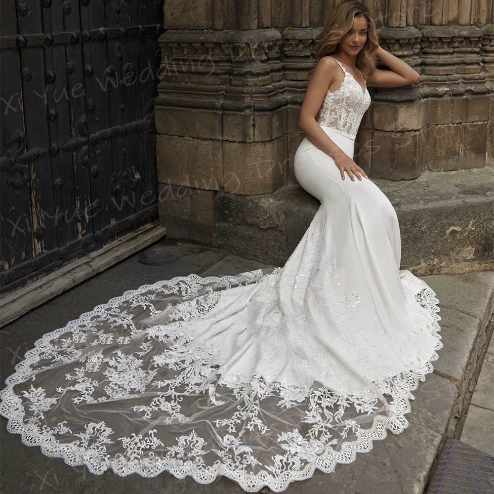 Vestido De novia clásico De sirena para mujer, traje elegante con apliques De encaje, tirantes finos, espalda descubierta