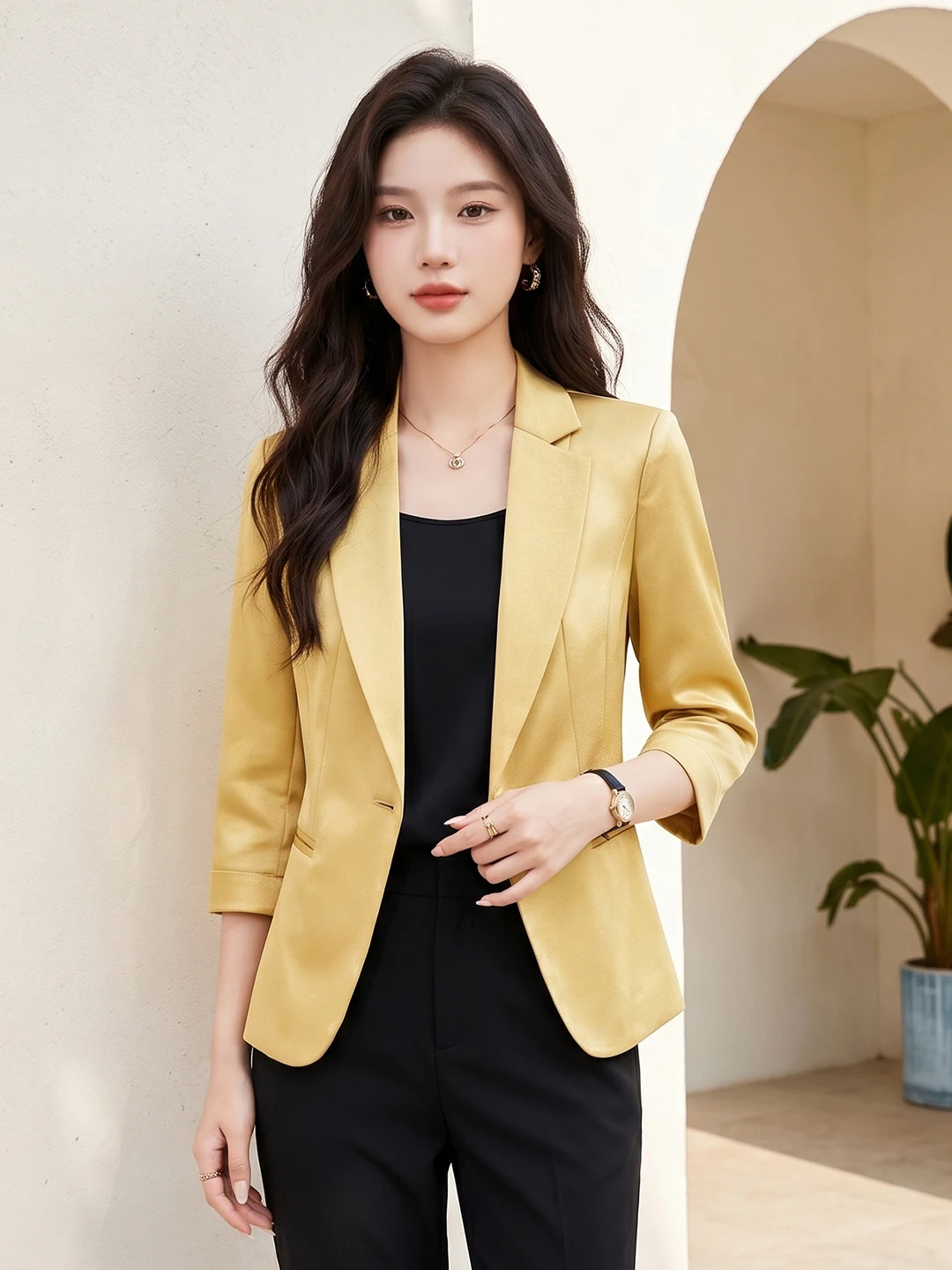 Yellow Seven-Quarter Sleeve Women's Suit Jacket Casual High-End Feeling Commute Style Polyester Fiber Anti-Wrinkle round Hem