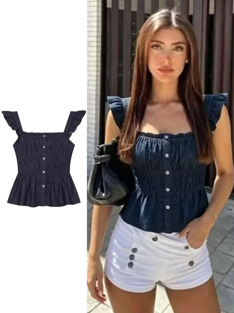 HH Women Summer Elegant Chambray Peplum Blouse Square Neck Ruffle Straps Button Down Smocked Waist Slim For Holiday Party Wear