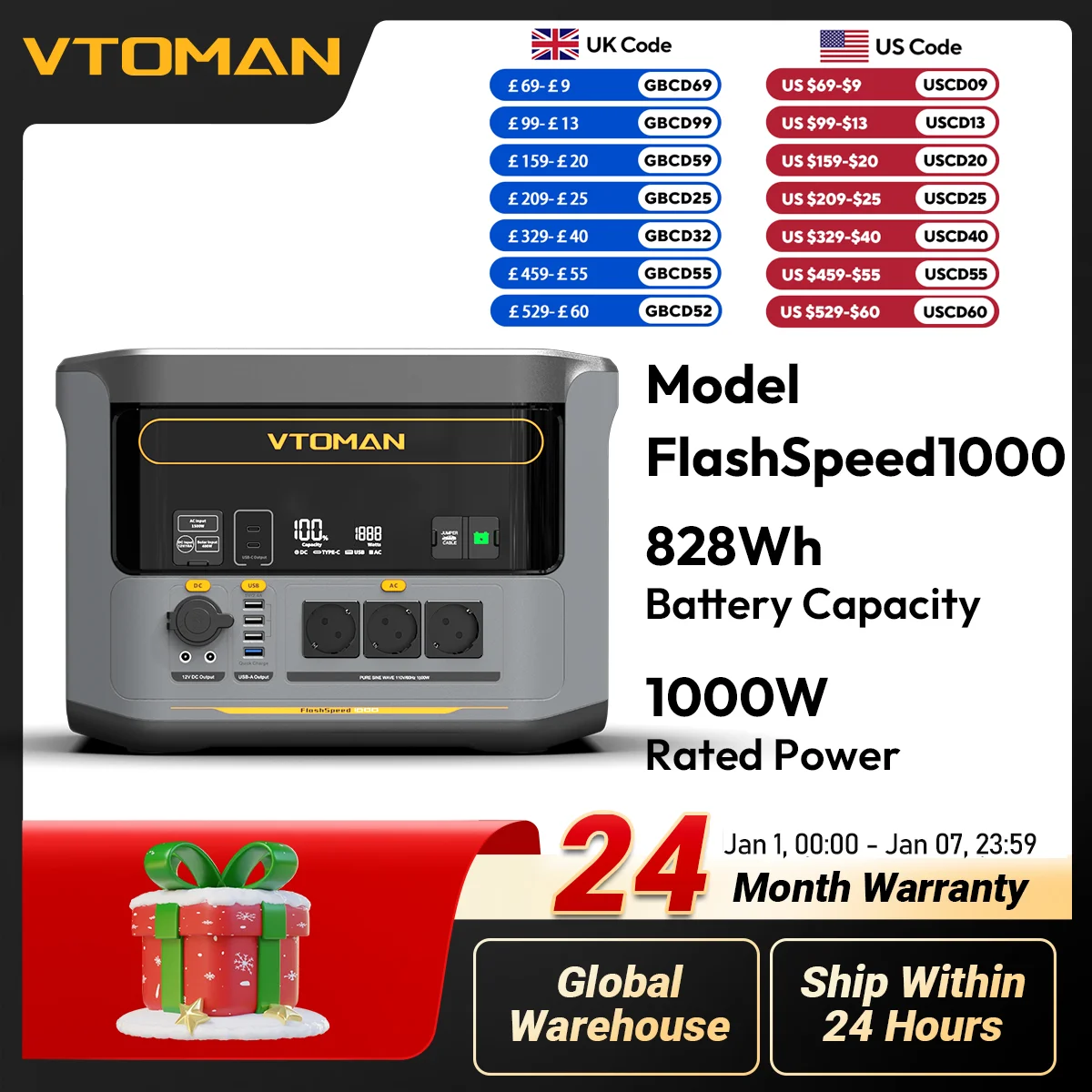

VTOMAN FlashSpeed 1000 Portable Power Station 2000W 828Wh LiFeP04 Battery Emergency Power For Outdoor Camping Tent Travel