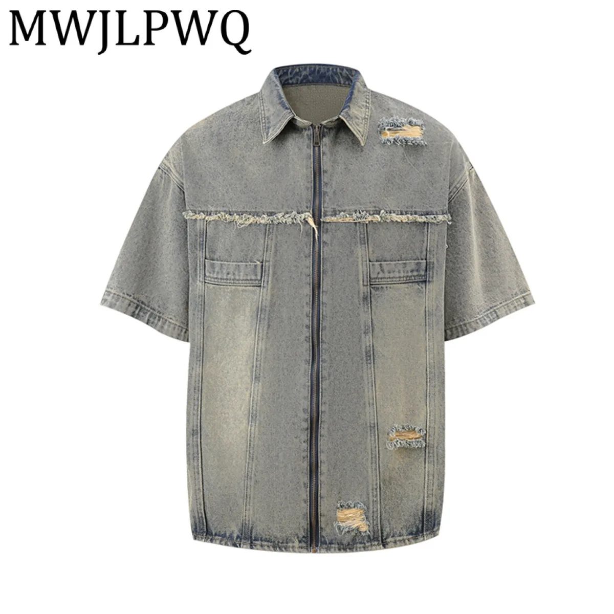 

MWJLPWQ Мужская одежда, лето 2025 года, американский уличный стиль, потертая джинсовая куртка с лацканами, топ с короткими рукавами, Tide 21245