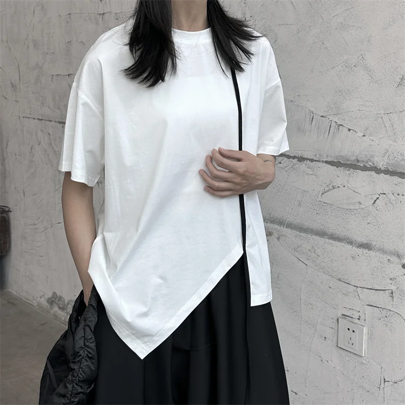 Summer Women's Loose Short Sleeve T-Shirt Design Version Asymmetrical Hem Ribbon Detail Korean Style Cotton round Neck Top