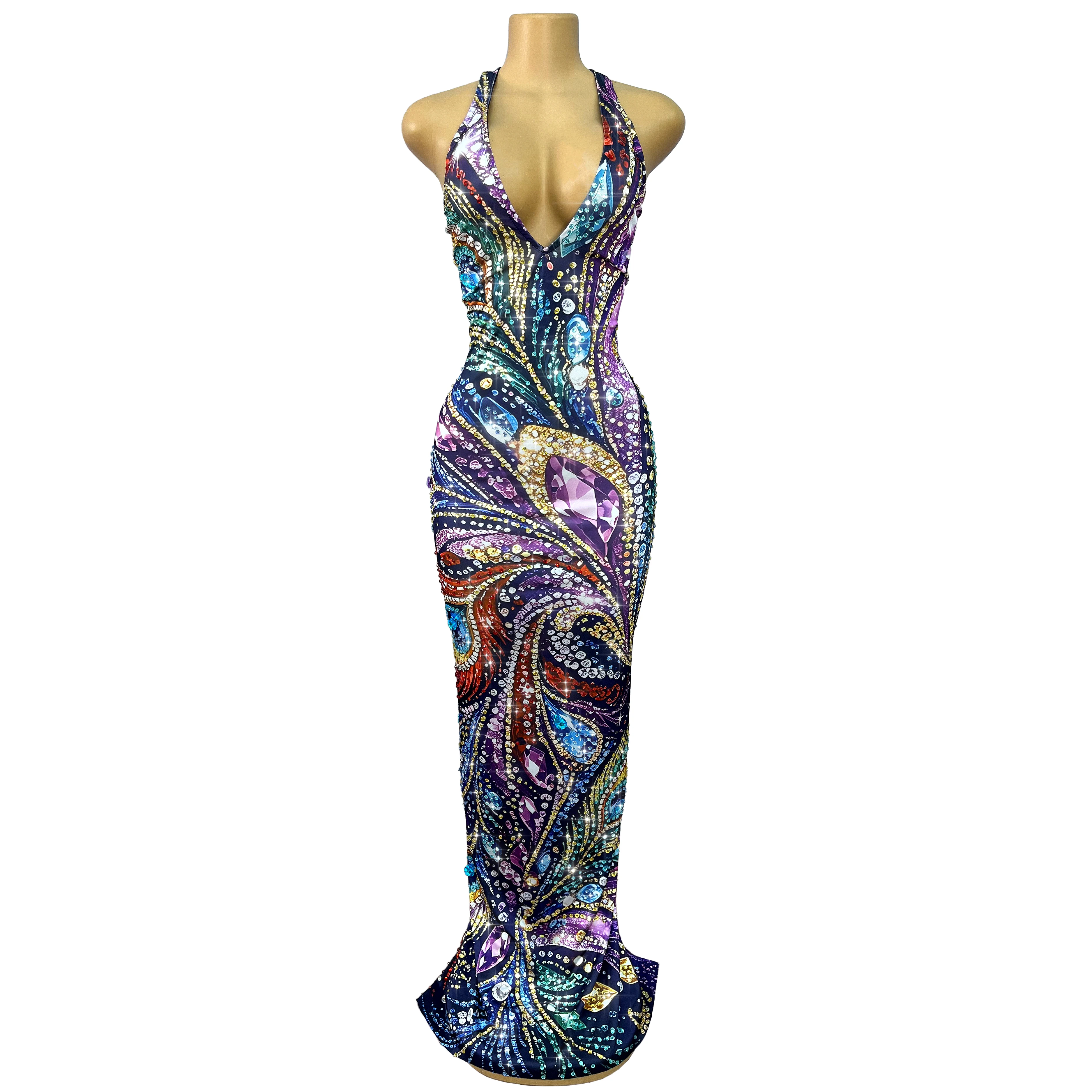 New Pattern Twinkling Rhinestones Trim Fit Sexy V-neck Backless Dress Evening Party Gown Fashion Show Stage Outfit Shuijinque