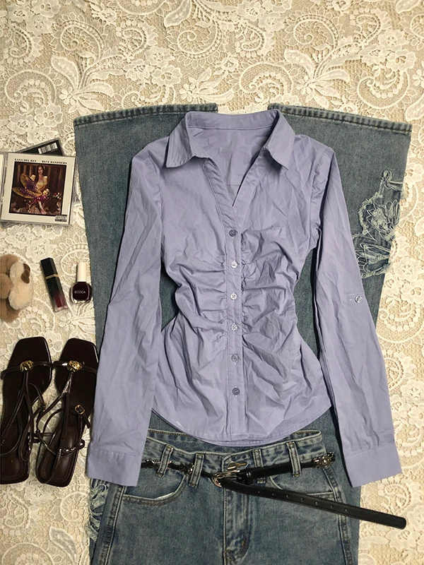 

Оригинальная синяя женская рубашка с V-образным вырезом и длинным рукавом в винтажном американском стиле, весенняя модная модель для повседневной носки, из смесового хлопка, прямого кроя