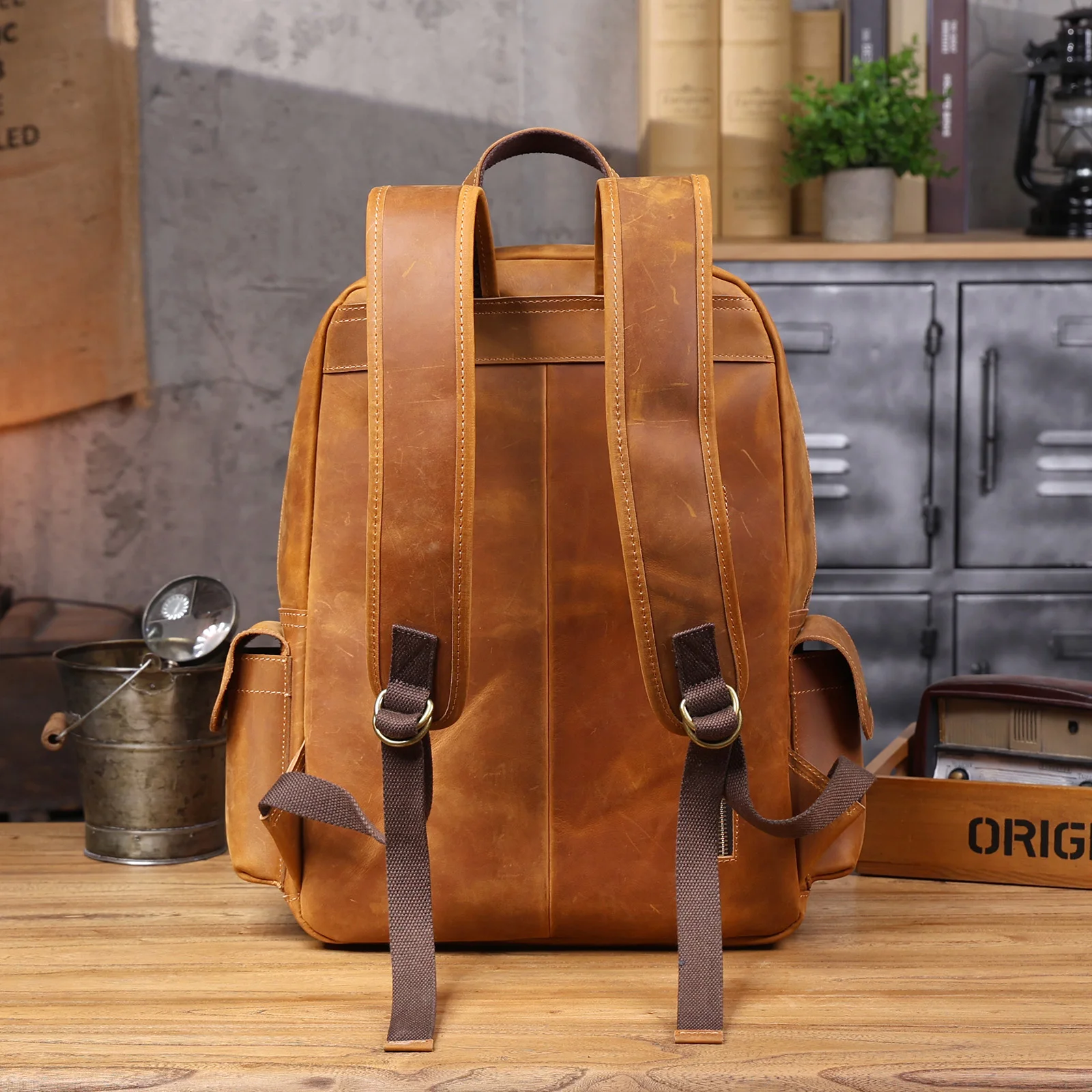 S.WORKER Vintage Echtleder Herrenrucksack Laptop-Tasche Vintage Freizeittasche Outdoor-Reise-Weekender-Tasche – Detail 8