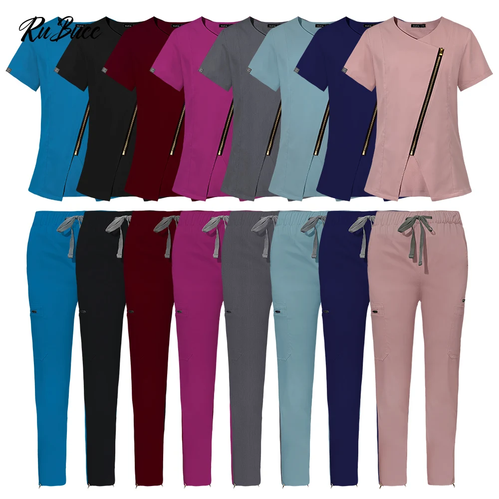 

Stretchable Anti Wrinkle Nurse Uniform V Neck Top Zipper Pants Scrub Set Hospital Doctor Clothes Clinical Wholesale Medical Wear