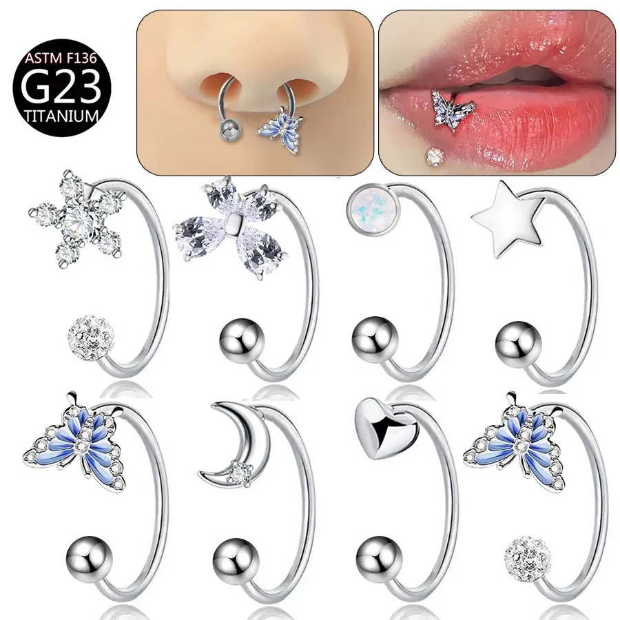 Pendientes de titanio ASTM F136 con diseño de mariposa, flor, luna y herradura, y anillo para el labio con circonitas cúbicas, además de un delicado anillo para la nariz con forma de estrella, ideales para fiestas y para el uso diario.