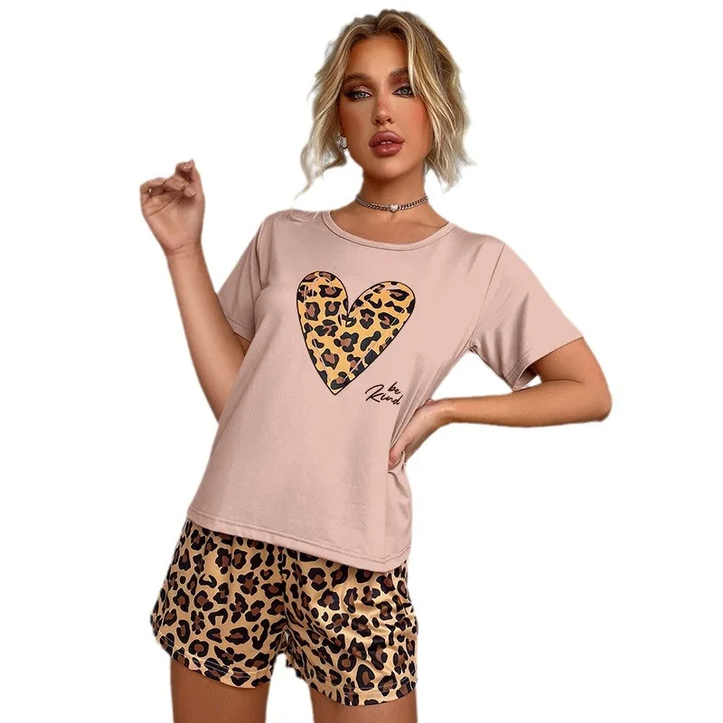 Women Summer Pajamas Set Short Sleeve Shorts Leopard Print Love Casual Homewear