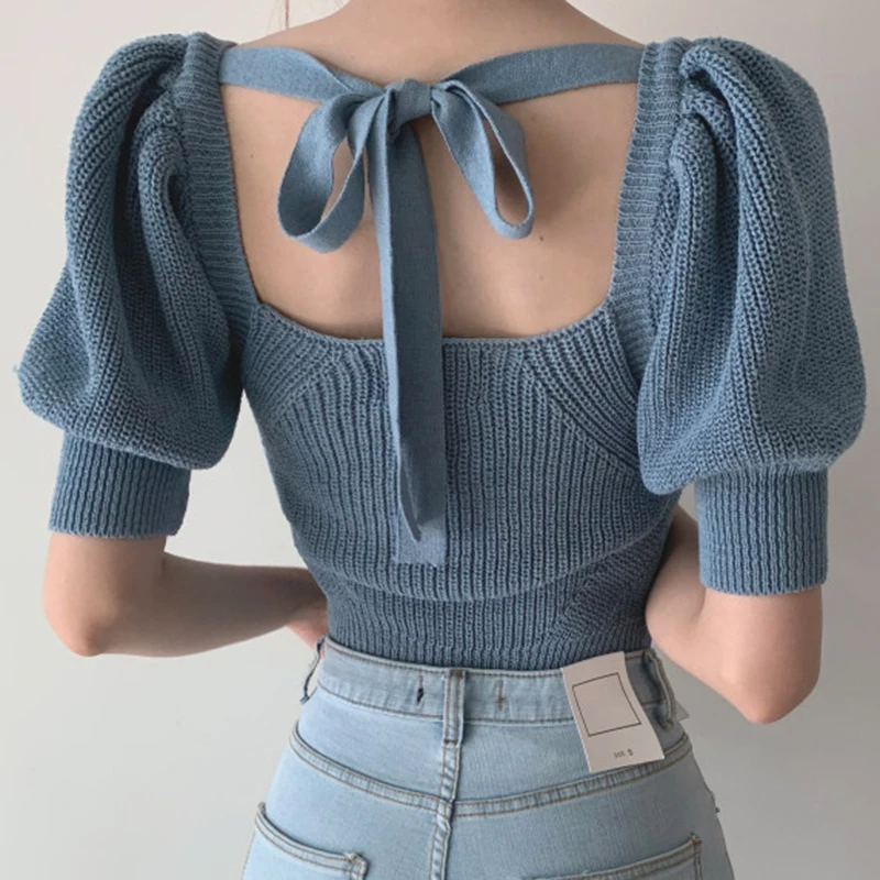 

Ele Women's Chic Hollow out Ba Strap Bubble Sve Knitted T-irt Square Ne Subtle Design Korean Sle Slim Fit Top
