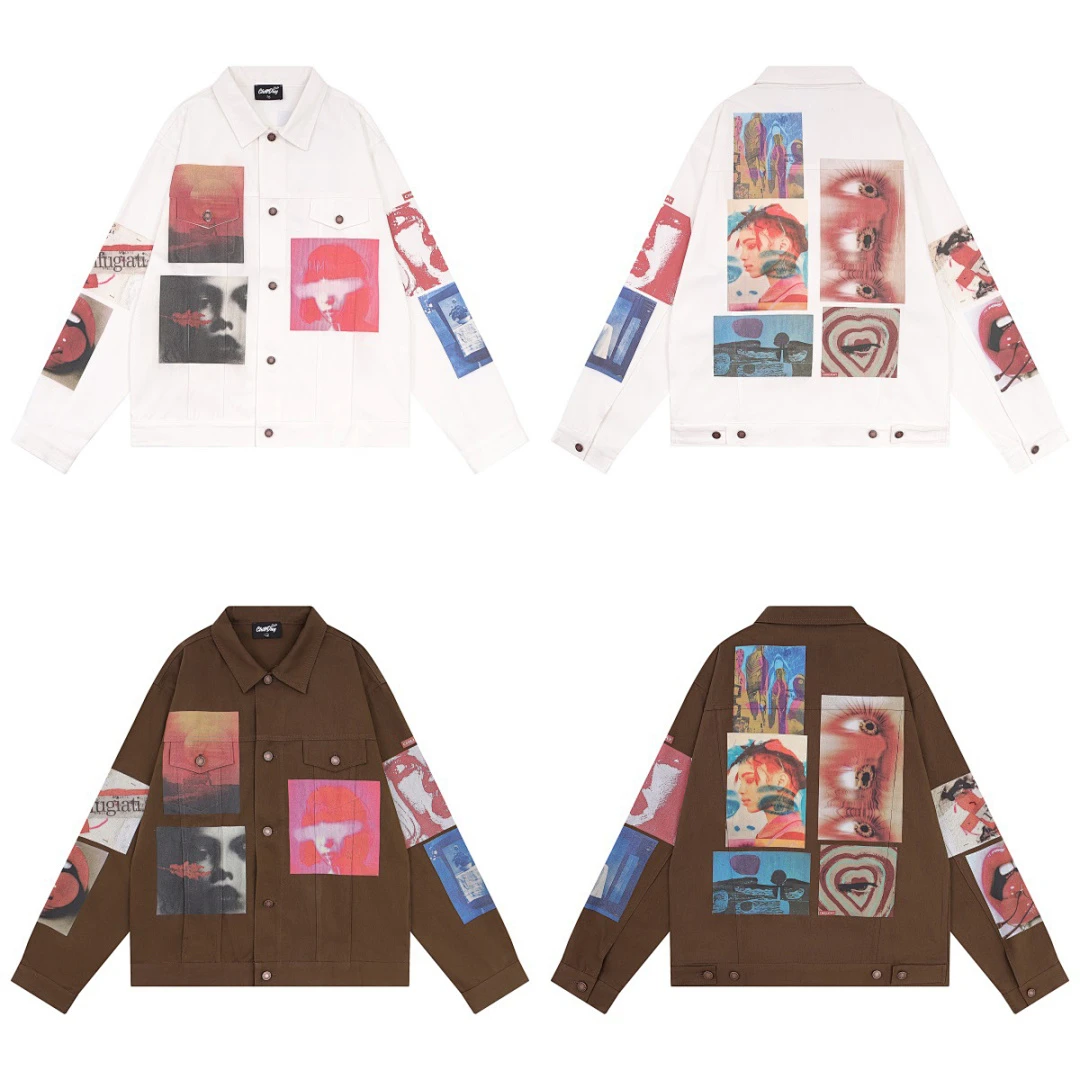 New American Streetwear Collage Photo Print Denim Jacket Unisex Loose Fit Graffiti Patchwork Long Sleeve Coat