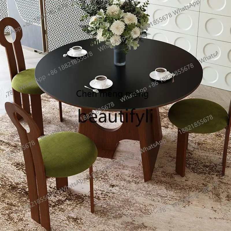 Medieval solid wood, French retro round table rock slab dining room, small, light luxury and high-end sense  R
